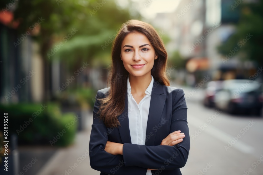 young smiling professional business woman, standing outdoor on street arms crossed on blurry background young smiling professional business woman, standing outdoor on street arms crossed on blurry background