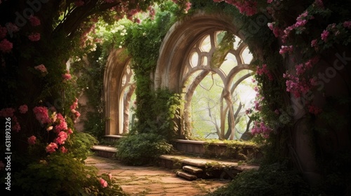 A garden of natural arches formed by flowering vines.