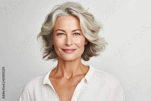 beautiful 50s mid aged mature woman isolated on white background. skin care beauty, skincare cosmetics concept photo