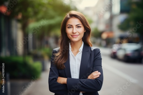 young smiling professional business woman, standing outdoor on street arms crossed on blurry background © id512