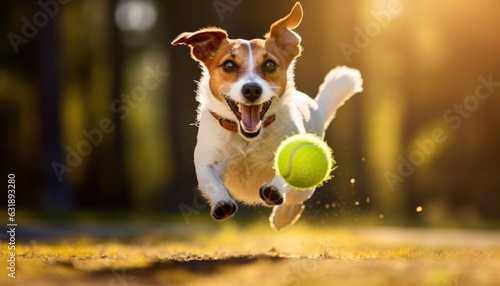 Fotografia happy jack russell terrier dog running and bringing a tennis ball