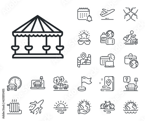Amusement park sign. Plane jet, travel map and baggage claim outline icons. Carousels line icon. Carousels line sign. Car rental, taxi transport icon. Place location. Airport lounge. Vector