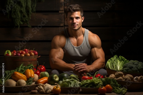 Fit Man Surrounded by Fruits and Vegetables in a Healthy Food Environment. © Usmanify