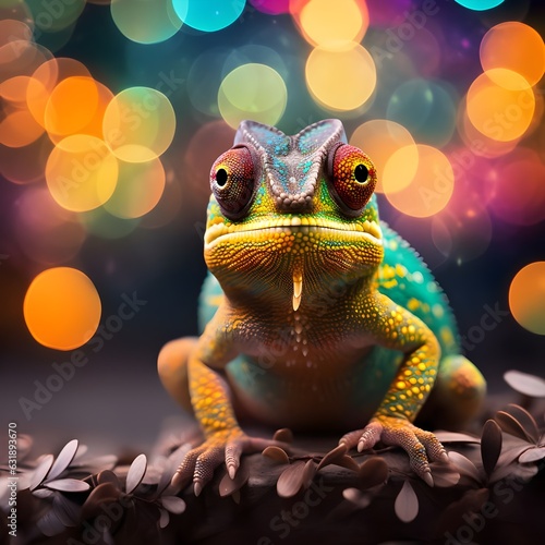Sweet creazy chameleon on color bokeh background