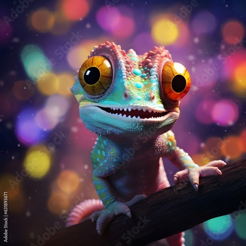 Sweet creazy chameleon on color bokeh background