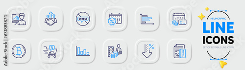 Deal, Calendar discounts and Stop stress line icons for web app. Pack of Credit card, Bitcoin, Histogram pictogram icons. Horizontal chart, Presentation board, Low percent signs. Vector