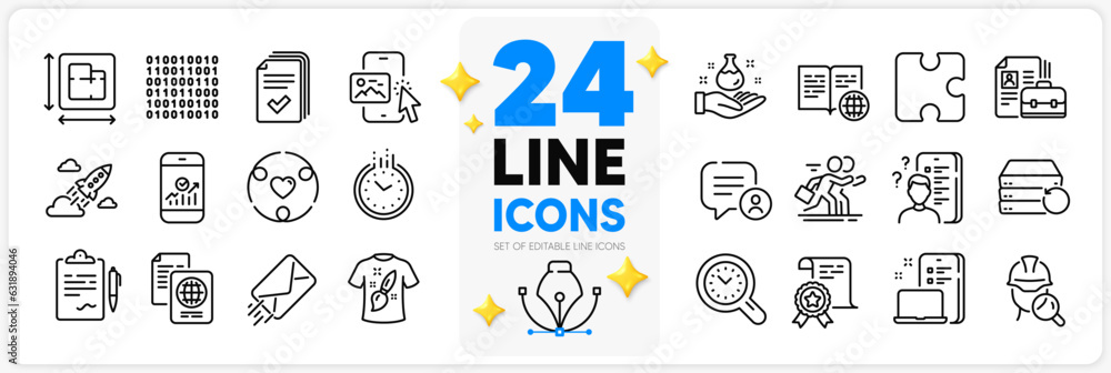 Icons set of Binary code, Vacancy and Certificate line icons pack for app with Puzzle, Device, Chat bubble thin outline icon. T-shirt design, Time management, Chemistry lab pictogram. Vector