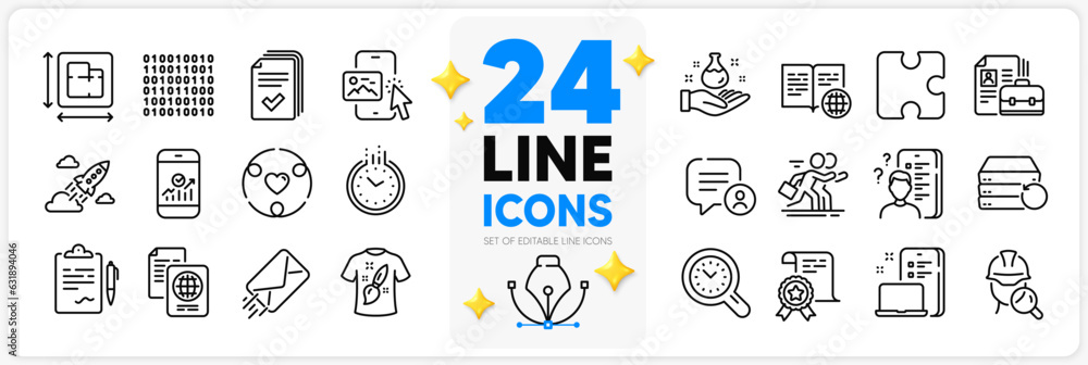 Icons set of Binary code, Vacancy and Certificate line icons pack for app with Puzzle, Device, Chat bubble thin outline icon. T-shirt design, Time management, Chemistry lab pictogram. Vector Icons set of Binary code, Vacancy and Certificate line icons pack for app with Puzzle, Device, Chat bubble thin outline icon. T-shirt design, Time management, Chemistry lab pictogram. Vector