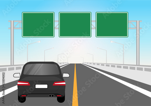 Car Driving along Highway or Asphalt Road with Traffic Sign. Vector Illustration. 