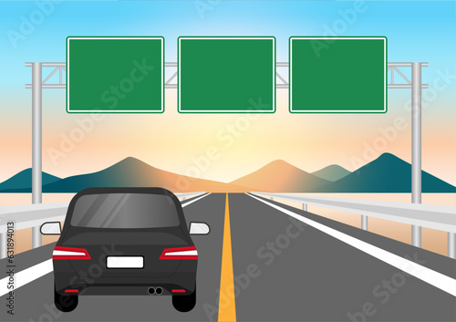 Car Driving along Highway or Asphalt Road with Traffic Sign. Vector Illustration. 