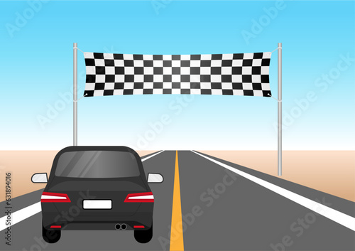 Car Going to the Finish Line. Vector Illustration. 