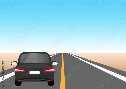 Car Driving along Highway or Asphalt Road. Vector Illustration. 