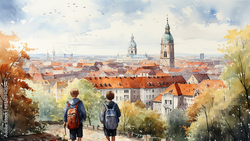 row of children with backpacks view back to school abstract European old town on white background, watercolor painting design drawing