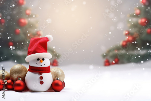 Christmas card design with snowman and fir tree with red Christmas balls © Veniamin Kraskov
