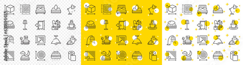 Outline Table lamp, Square meter and Paper wallpaper line icons pack for web with Box size, Floor lamp, Breathable mattress line icon. Mint bag, Pillows, Coffee break pictogram icon. Vector
