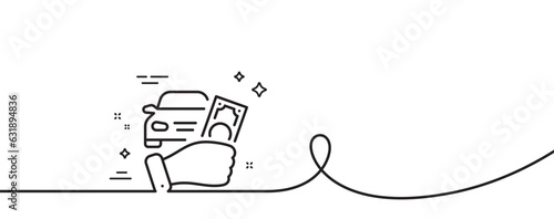 Rent car line icon. Continuous one line with curl. Buy transport sign. Vehicle down payment symbol. Rent car single outline ribbon. Loop curve pattern. Vector