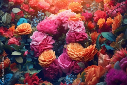 Colorful artificial flowers background. Colorful artificial flowers in the garden. Generative AI. © Татьяна Петрова