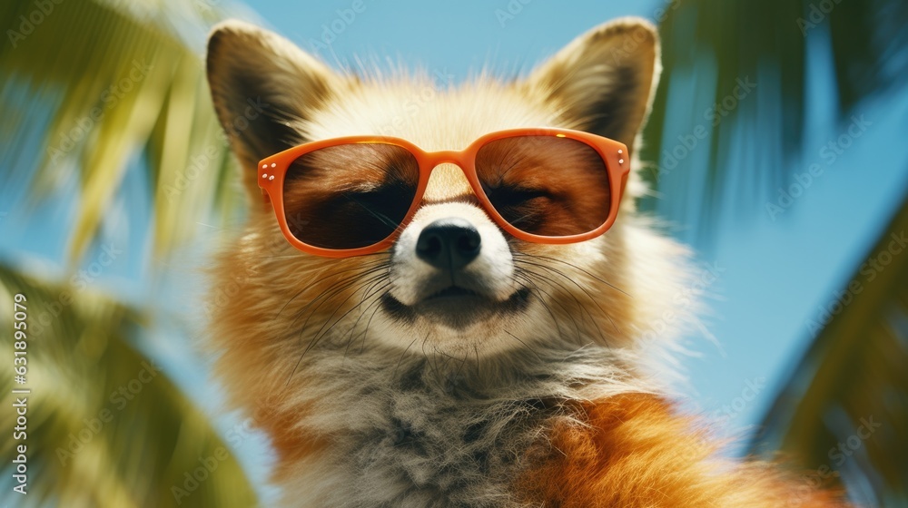 A mischievous fox with oversized sunglasses. A mischievous fox with oversized sunglasses.