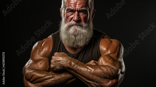 Inspirational senior bodybuilder showcasing timeless strength, flexing muscular physique against a stark stone grey backdrop. An image of aging fearlessly. Generative AI