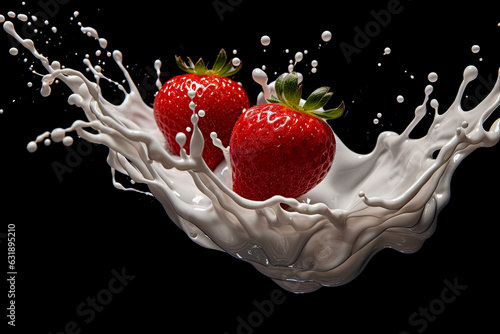 Strawberry splashing into milk, generative ai