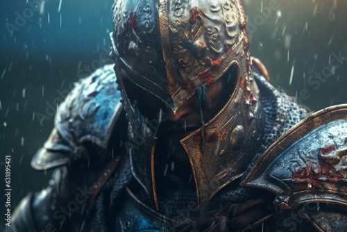 Knight in armor with sword in the rain  closeup. Generative AI.