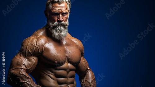 Inspirational middle-aged bodybuilder, intensely poised to lift heavy weight against a deep royal blue background. Symbol of determination and readiness. Generative AI