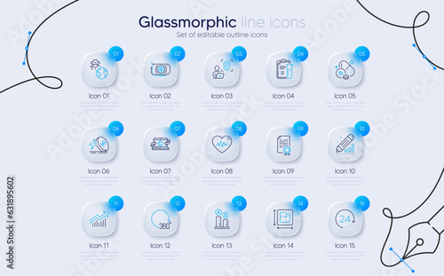 Set of Fraud, Edit statistics and Bromine mineral line icons for web app. Floor plan, 360 degrees, Medical analyzes icons. Copywriting notebook, Demand curve, Gpu signs. Glassmorphism buttons. Vector