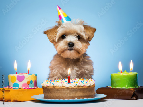 Dog with a cake celebrating his birthday 