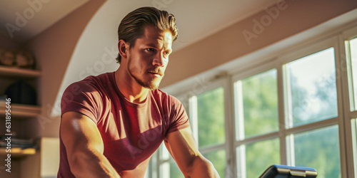 man cycling on his hometrainer photo