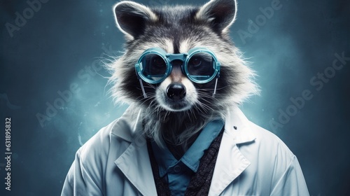 A scientist raccoon with a lab coat and goggles.