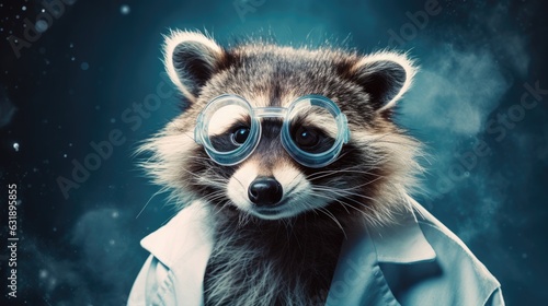 A scientist raccoon with a lab coat and goggles. © Galib
