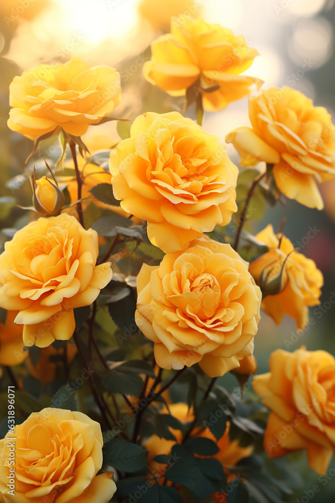 mehrere gelbe Rosen in Blütezeit. Hochkant. Hochformat. Generative Ai. mehrere gelbe Rosen in Blütezeit. Hochkant. Hochformat. Generative Ai.