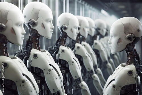 white robots stand in a row at the production of robots. concept of robotic process automatic.future and technology. artificial intelligence