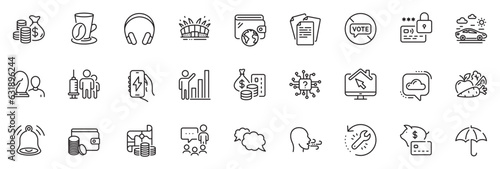 Icons pack as Bell alert, Lock and Piggy bank line icons for app include Graph chart, People chatting, Stop voting outline thin icon web set. Work home, Payment method, Recovery tool pictogram. Vector