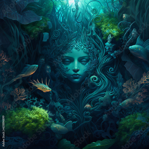 Mermaids, portrait, face close, underwater background fantasy illustration, fantasy portrait, close-up, underwater world background, illustration, 