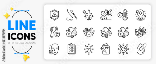 Face biometrics, Vitamin d and Dating line icons set for app include Celsius thermometer, Uv protection, Medical flight outline thin icon. Checklist, Shield, Difficult stress pictogram icon. Vector