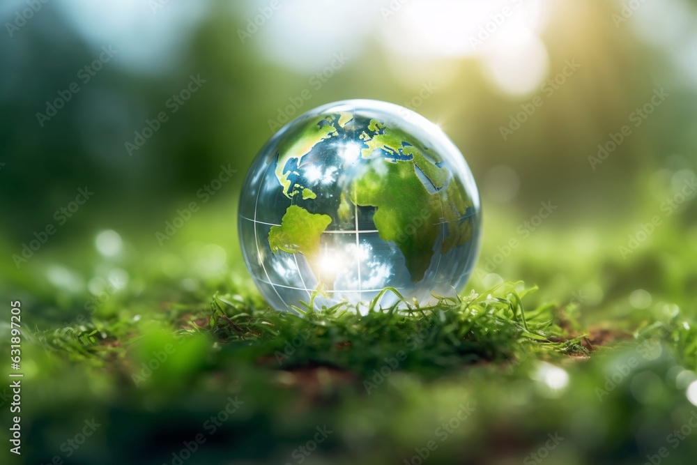 Glass globe on green forest background. Eco concept. Transformative power. Gossy globe in green grass. Glass globe on green forest background. Eco concept. Transformative power. Gossy globe in green grass.