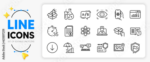 Financial documents, Instruction manual and Timer line icons set for app include Air conditioning, Telemedicine, Megaphone box outline thin icon. Shield, Web traffic. Vector