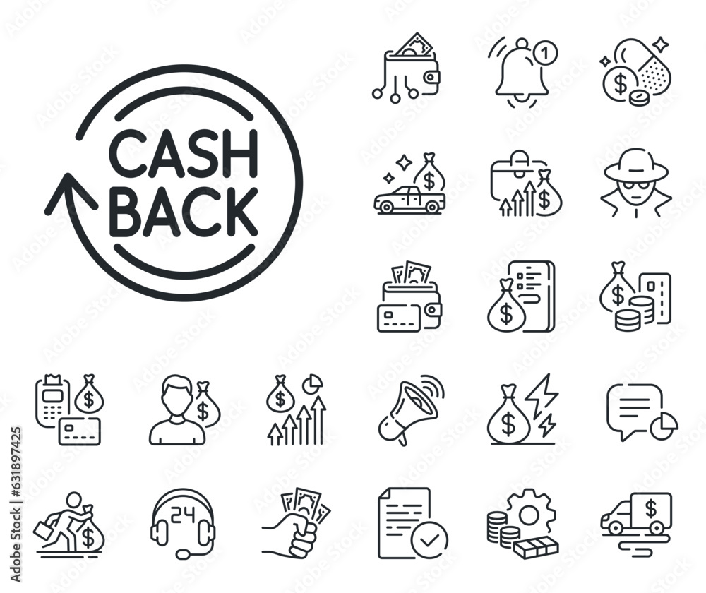 Money transfer sign. Cash money, loan and mortgage outline icons. Cashback service line icon. Rotation arrow symbol. Cashback line sign. Credit card, crypto wallet icon. Inflation, job salary. Vector