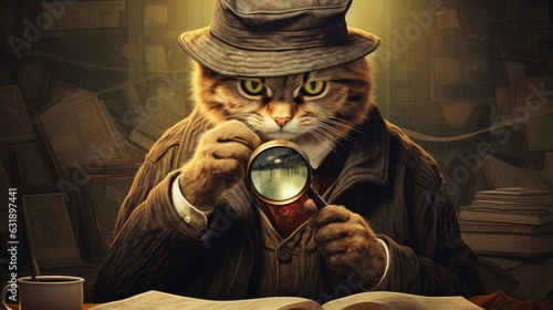 A detective cat with a magnifying glass.