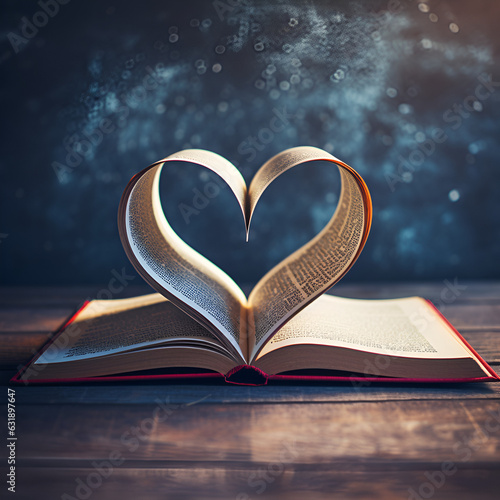 An open book with pages folding inward to form a heart shape. A representation of the love for reading. Generative ai.