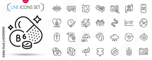 Pack of Technical documentation, Medical calendar and Vr line icons. Include Timer, Swipe up, Waterproof umbrella pictogram icons. Timeline, Computer keyboard, Home insurance signs. Vector
