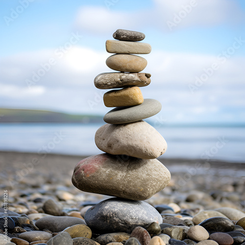 Stacked rocks balancing on the beach, generative ai. 