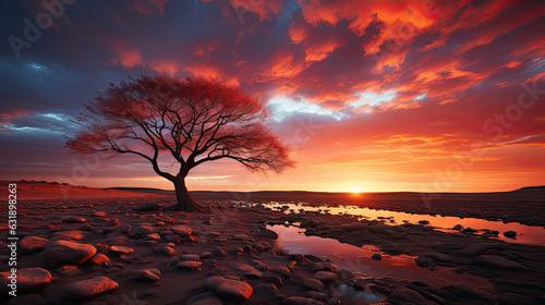 Desert landscape at sunset, under vibrant colored sky