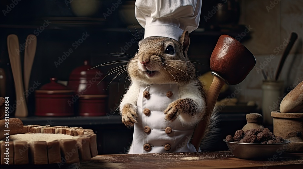 A chef squirrel with a chef's hat and rolling pin.