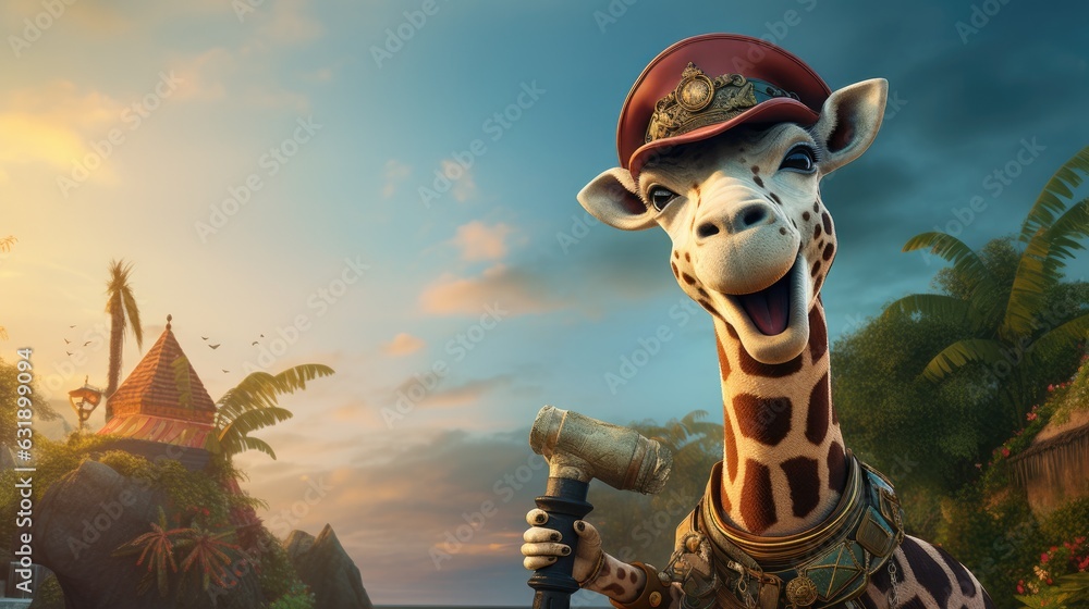 Fototapeta premium A pirate giraffe with a pirate hat and treasure