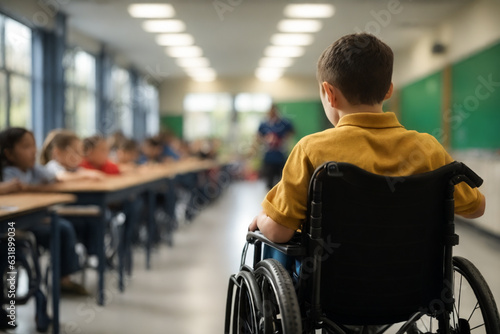 estudiante en silla de ruedas de espaldas en el fondo del aula, dicrimacion y bullying 