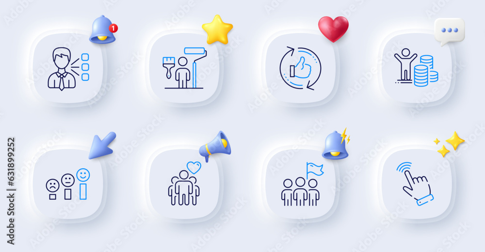 Third party, Refresh like and Painter line icons. Buttons with 3d bell, chat speech, cursor. Pack of Budget profit, Friendship, Cursor icon. Leadership, Customer satisfaction pictogram. Vector Third party, Refresh like and Painter line icons. Buttons with 3d bell, chat speech, cursor. Pack of Budget profit, Friendship, Cursor icon. Leadership, Customer satisfaction pictogram. Vector