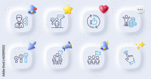 Third party, Refresh like and Painter line icons. Buttons with 3d bell, chat speech, cursor. Pack of Budget profit, Friendship, Cursor icon. Leadership, Customer satisfaction pictogram. Vector