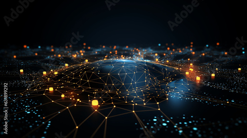 Modern Technology Concept: Futuristic Interface, Glowing Icons, Digital Networking Connection on a Dark Background, 3D Render